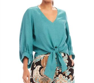 Karen Kane Bobbi Blouson Sleeve Linen Tie-Front Top In Aqua