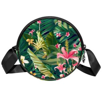 Generic Circle Crossbody Bag for Women, Tropical Plants Small Sling Bag Daypack with Zipper Adjustable Shoulder Straps Casual Ladies Girls Round Purse