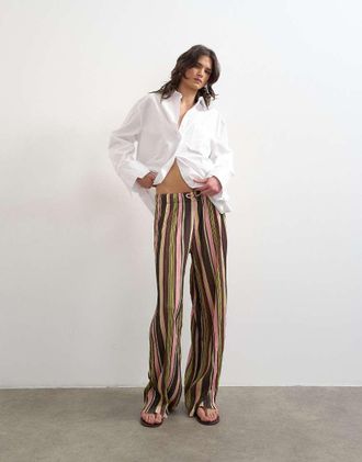 Topshop Pantaloni a fondo ampio rosa a righe in tessuto stropicciato allacciati in vita