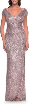 La Femme Sequin Evening Dress with Ruching and V Neckline in Mauve at Nordstrom, Size 18