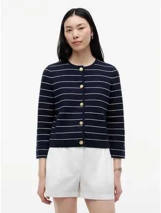 Tommy Hilfiger Womens Boxy Fit Gold-Button Striped Cardigan - Navy Blue / Ivory Stripe - XS