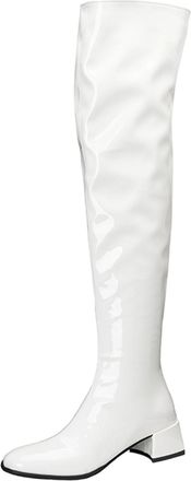 Generic Women Over The Knee Patent PU Leather Boots Square Toe Block Heels Side Zipper Glossy Stretchy Fit Sleek Stylish Comfortable Durable Fashion,White,8.5