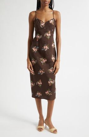 Veronica Beard Shara Floral Print Silk Blend Midi Dress in Dark Mocha Multi at Nordstrom, Size 00