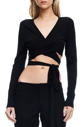 Lioness Boundless Long Sleeve Wrap Crop Top in Noir at Nordstrom, Size X-Small