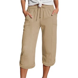 Generic Linen Trousers Womens Drawstring Elastic Waist Summer Lightweight 3/4 Trousers with Pockets Causal Loose Comfortable Fabric Sport Leisure Beach Hiking