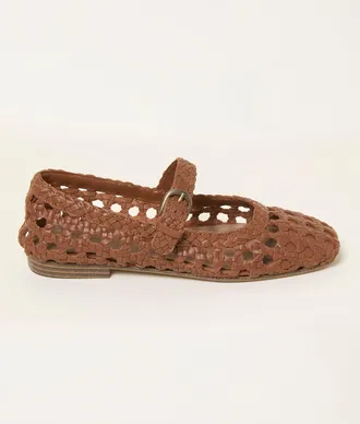 Fat Face FatFace Brown Leather Weave Mary Jane Flat