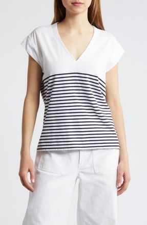Frame Denim Le Mid Rise Stripe V-Neck Cotton T-Shirt in Navy Multi at Nordstrom Rack, Size Small