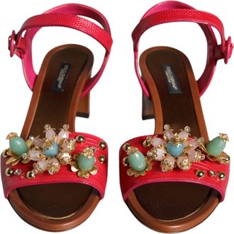 Dolce & Gabbana Fuchsia Leather Embellished Keira Sandals Womens Shoes