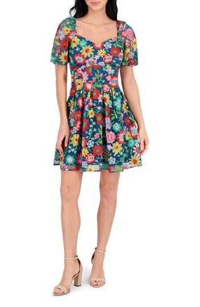 Kensie Embroidered Mesh Short Sleeve Dress in Blue/Green Multi at Nordstrom Rack, Size 8
