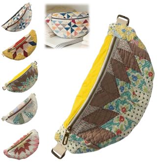 Generic Vintage-Inspired Patchwork Quilted Sling Bag,Curved Crossbody Bag with Adjustable Strap,Bohemian Fabric Shoulder Satchel (E)