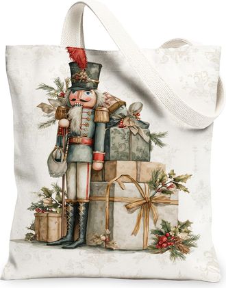 Generic Christmas Nutcracker Canvas Tote Bags, Vintage Holiday Design Reusable Grocery Bags, Lightweight Washable Shoulder Strap Ca, White, 13x15 Inch