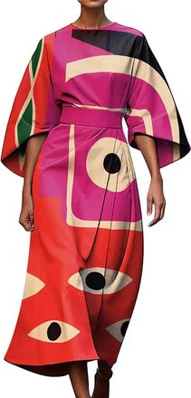 Generic Midi Dresses With Sleeves For Women Uk, A-Line Dress Abstract Print Abstract Art Dresses 3/4 Sleeve Sundress With Irregular Hem Dress Vintage Sundress