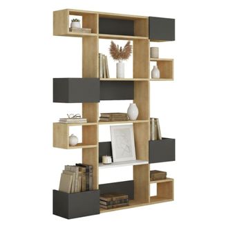 Dmora Dmora - Estante Para Libros Thetis, Estante De Oficina, Porta Libros M&oacute;vil, Biblioteca, 120x20h171 Cm, Roble Y Antracita, Con Embalaje Reforzado