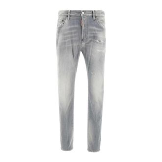 Dsquared2 Jeans, Heren, Grijs, L, Leer, Gedetailleerde Denim Jeans