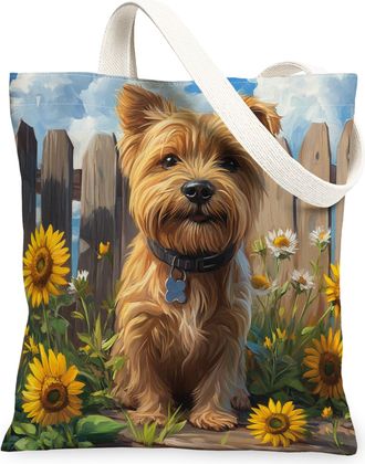 Generic Spring Norfolk Terrier Dog Canvas Tote Bag for Shopping 13x15, Sunflower Fence Puppy Reusable Grocery Print Bag for Women, Farmhouse Pet Beach Aesthet