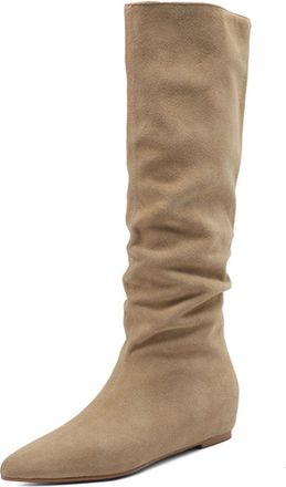 Generic Womens Slouch Knee-High Suede Boots Pointed Toe Flat Heel Slip-On Design Comfortable Fit For Daily Casual Wear And Office Outings,Apricot,4.5 UK