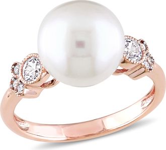 Mimi & Max Cultured Freshwater Pearl 1/3ct TGW White Sapphire Diamond Accent Ring 10k Rose Gold