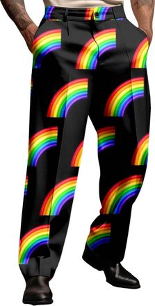 Generic 2025 Trousers Male Rainbow Mouth Theme Casual Day Suit Trousers Holiday Printed Casual Novel Button Pants (Black, L)