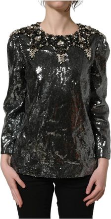 Dolce & Gabbana Metallic Grijs Pailletten Versierde Blouse Top - Dames - Blouses - Grijs - 2XS - Pailletten - Overhemden