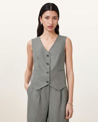 AllSaints Lyocell Averie Tencel Relaxed Fit Linen Blend Waistcoat, Size: UK 14/US 10