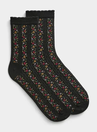 Simons Womens Scalloped edge floral pointelle-knit socks