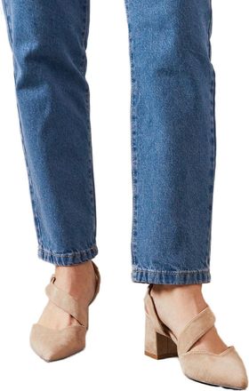 Wallis Wide Fit Eve Asymmetric Strap Block Heel Pointed Court Shoes, 6, Beige