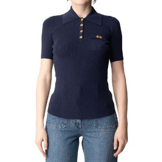 Elisabetta Franchi Polo Shirts, female, Blue, Size: XS Ribbed Polo Shirt in Lyocell and Silk