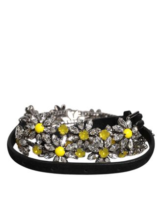 Dolce & Gabbana Womens Black Leather Daisy Crystal Embellish Waist Belt - One Size