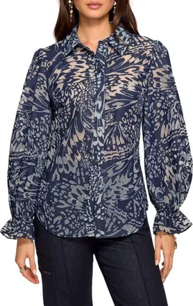 Ramy Brook Joy Burnout Button-Up Shirt in Navy Burnout at Nordstrom, Size Xx-Small