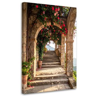 Feeby Cuadro Sobre Lienzo, Arcos De Piedra Escaleras Flores Toscana Italia, 70x100