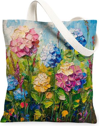 Generic Spring Oli Painting Hydrangea Canvas Tote Bag for Shopping 13x15, Floral Wildflower Garden Reusable Grocery Print Bag for Women, Flower Scene Beach Ae