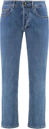 Moorer Regular Fit Jeans met Leren Logo - Heren - Slim Fit Jeans - Blauw - W31 - Katoen - Jeans
