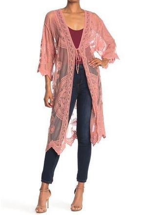 Forgotten Grace Crochet Trim Tie Front Duster in Blush at Nordstrom Rack, Size Medium