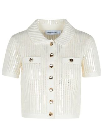 Self Portrait Crochet White Cotton Blend Top