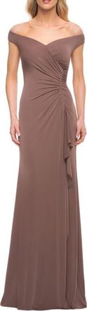 La Femme Off the Shoulder Ruched Jersey Gown in Cocoa at Nordstrom, Size 12