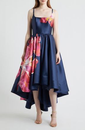 Hutch Shyloh Floral Mikado High-Low Gown in Navy/Raspberry Watercolor at Nordstrom, Size 00