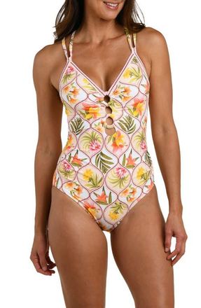 La Blanca Palm Lace-Up Underwire One-Piece Swimsuit in White Multi at Nordstrom, Size 16