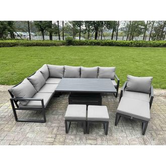 Fimous 10 Seat Aluminium Sofa Set with Lifting Table, 3 Stools & Chair in Dark Grey