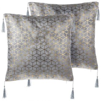 Beliani Conjunto De Cojines Decorativos Plateado Jacquard 45 X 45 Cm Con Borlas Patr&oacute;n Geom&eacute;trico Decoraci&oacute;n Moderna Glam Camellia