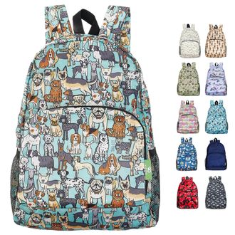 Eco Chic Lightweight Foldable Water Resistant Backpack Rucksack Folds into Pouch for Storage (Dogs Teal)