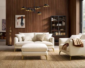 Castlery Lena Loveseat with Ottoman, Cream, Brass Legs, Spill-Resistant, Removable Covers for Living Room