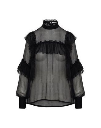 High Multi ruffle blouse in sheer golden black silk creponne