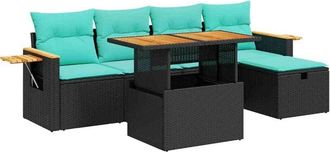 vidaXL 6 Piece Garden Sofa Set with Cushions Black Poly Rattan Acacia vidaXL