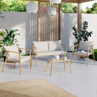 IDMarket Conjunto De Muebles Bajos De Jard&iacute;n Malta, 4 Plazas, Estructura Met&aacute;lica Efecto Madera, Listones Y Cojines Beige