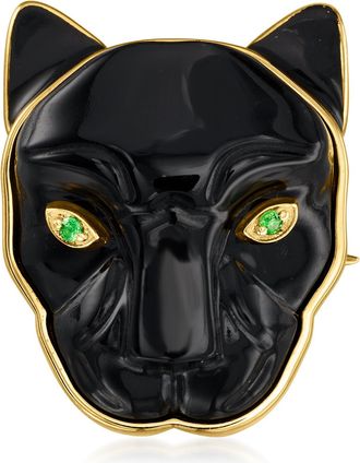 Ross-Simons Onyx Panther Pin/Pendant With Black Enamel and Tsavorites in 18kt Gold Over Sterling