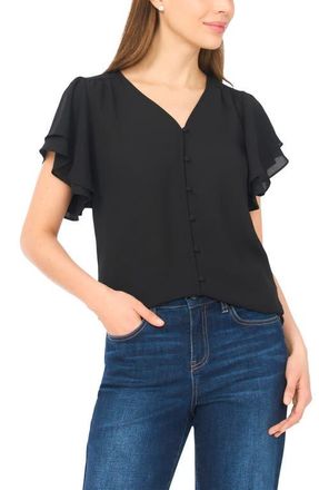 CeCe by Cynthia Steffe Double Flutter Sleeve V-Neck Top in Rich Black at Nordstrom, Size X-Large