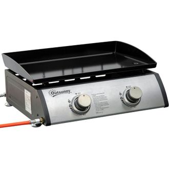 OUTSUNNY Plancha De Gas Sobremesa Con 2 Quemadores De Acero Inoxidable 6 Kw Barbacoa Port&aacute;til Con Plancha Para Jard&iacute;n Picnic Camping 48,5x46x21 Cm