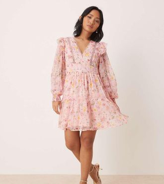 Vila VILA Petite ladder lace frill detail mini dress in peach floral print-pink