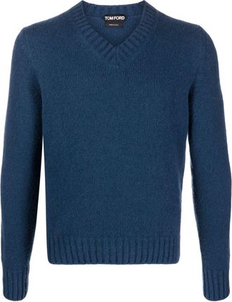 Tom Ford ribbed-knit V-neck jumper - men - Silk/Elastane/Cashmere/Polyamide - 46 - Blue