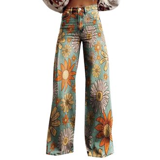 Generic Jeans Womens Vintage Flower Print Casual Wide Leg Pants Denim Palazzo Trousers for Women Loose Fit Summer Trousers with Pockets Stretchy Baggy Trouser
